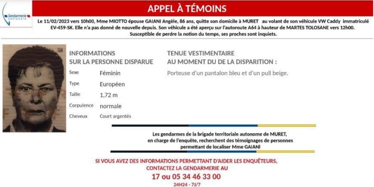 Une femme de 86 ans disparue entre Toulouse et Tarbes, les gendarmes lancent un avis de recherche