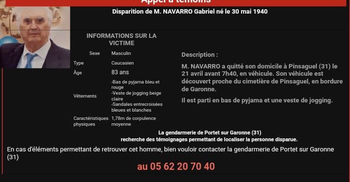 Appel à témoins après la disparition d'un homme de 83 ans au sud de Toulouse