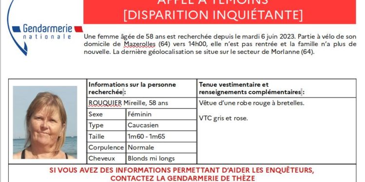 Disparition inquiétante d'une femme de 58 ans près de Pau