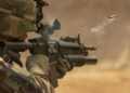 Close-up of a soldier in camo firing a rifle in action during training.